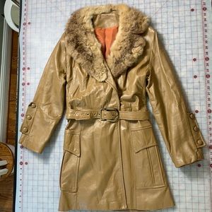 Vintage 1970 camel leather car coat with fur trim